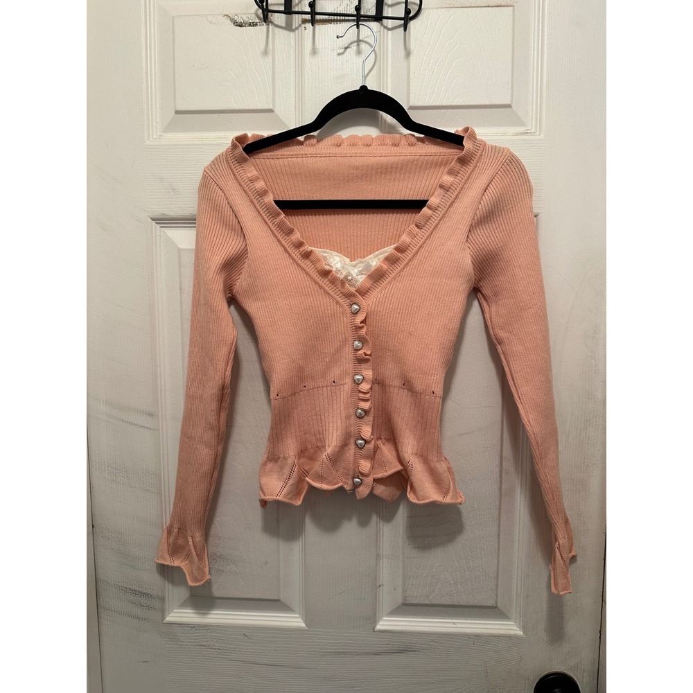 Pink Ribbed Ruffle Cardigan Heart Pearl Buttons Lace Camisole Detail Peplum Top